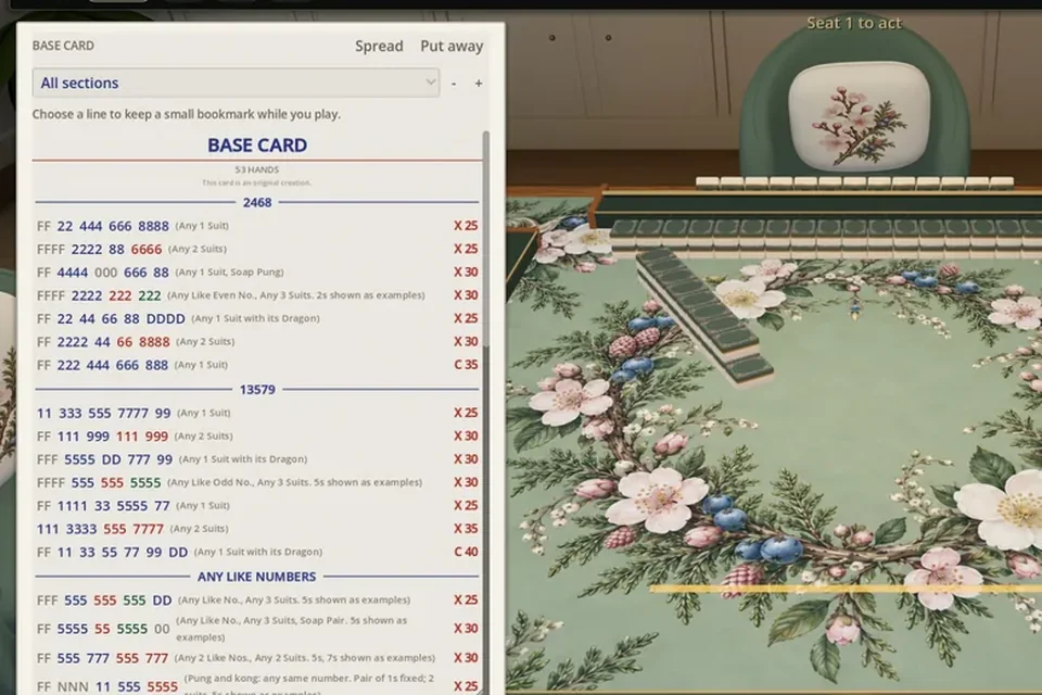 The game card open over the table, listing hands by section with their point values.