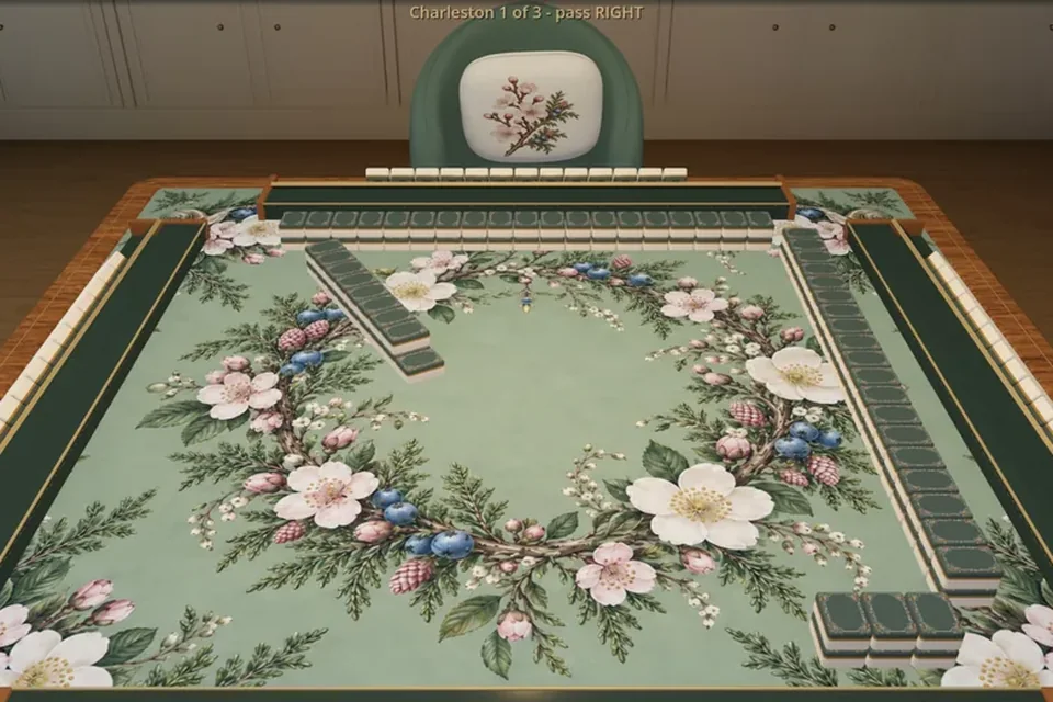Across the table during the first Charleston, with an on-screen prompt telling the player which way to pass.