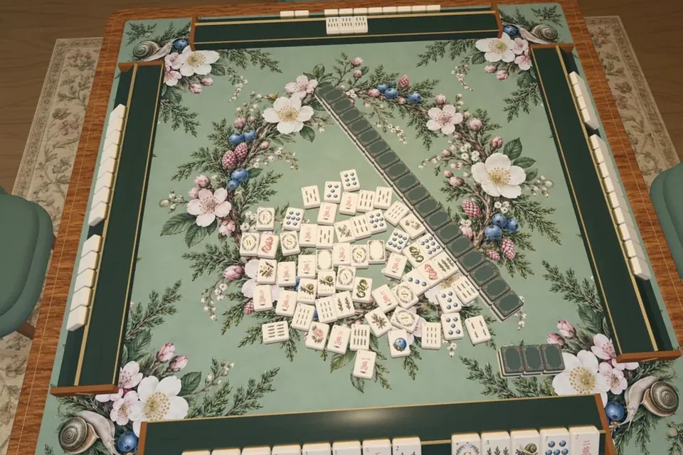 An overhead view late in a hand, with dozens of loose discards spread across the felt.