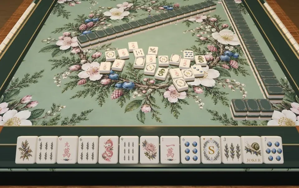 Close on a player's rack of illustrated tiles, a dragon, flowers and a joker among them, with loose discards on the floral felt beyond.